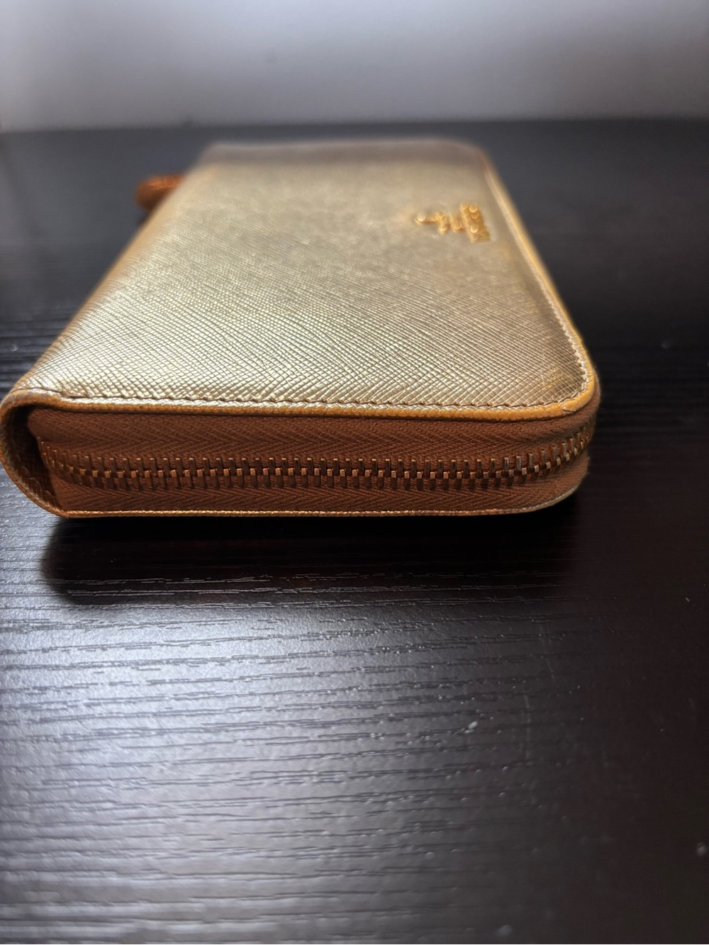 PRISTINE Prada Saffiano Leather Long Zip-Around Wallet – Metallic Gold (Platino) - Picture 5 of 11